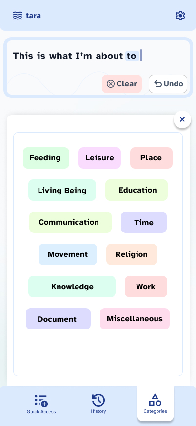 Tara categories screen with feeding, leisure, place, education, time, work, and other communication groups