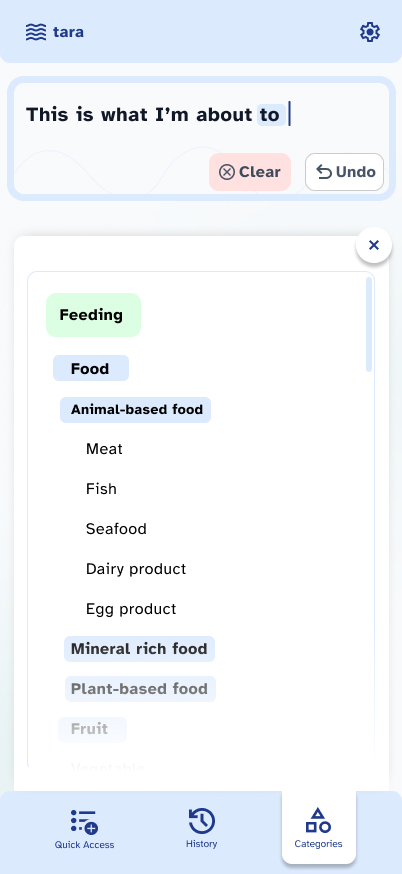 Tara feeding category screen with food and drink related communication tiles