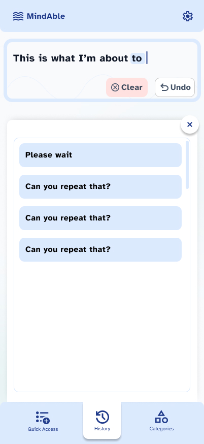 Tara history screen listing recently used phrases